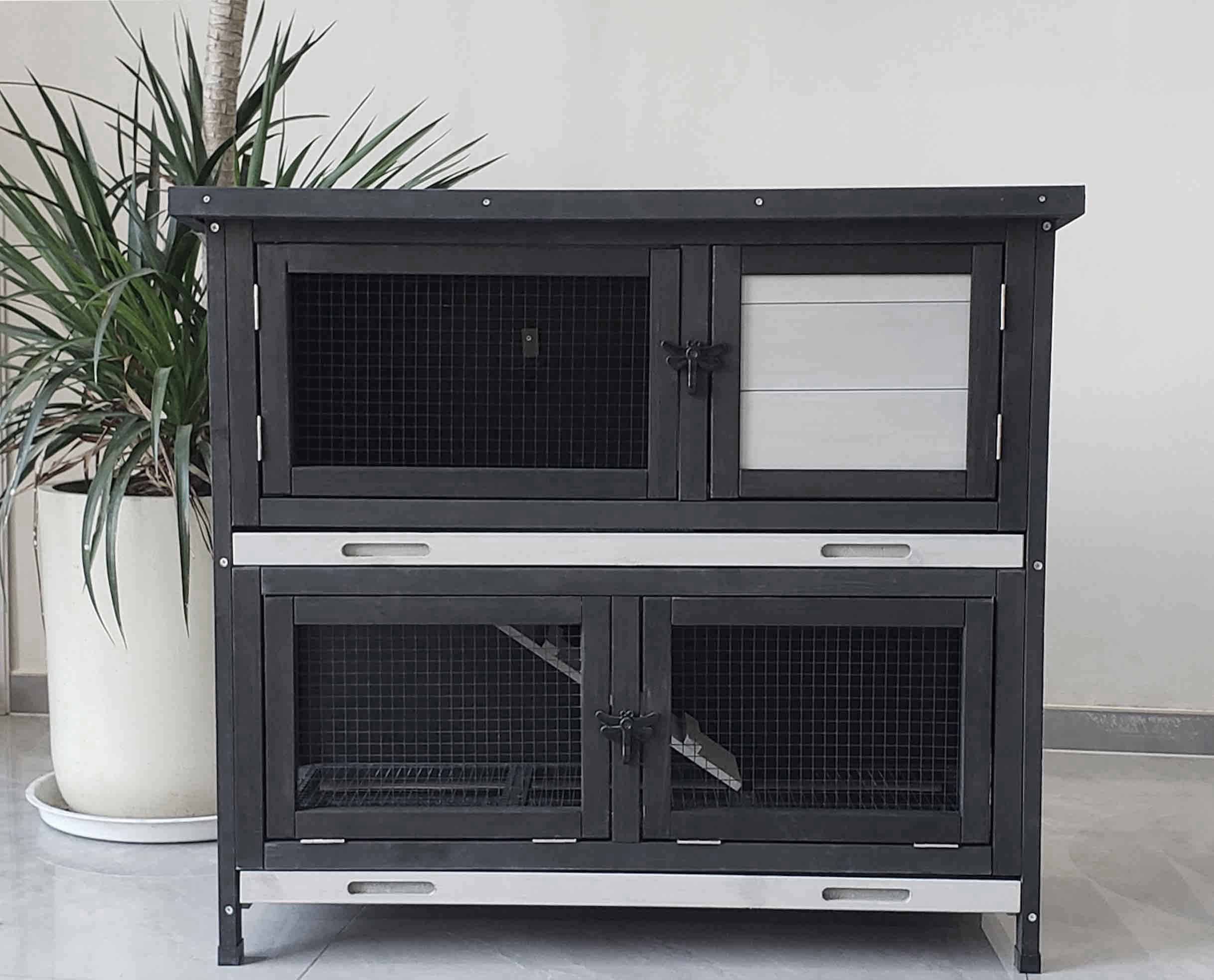 Double Level Solid Wood Rabbit Hutch Small Animal Cage for Rabbits, Guinea Pigs, Hedgehogs & Lizards Indoor/Outdoor–2-Tier Eco-Friendly Habitat with Bedding Area