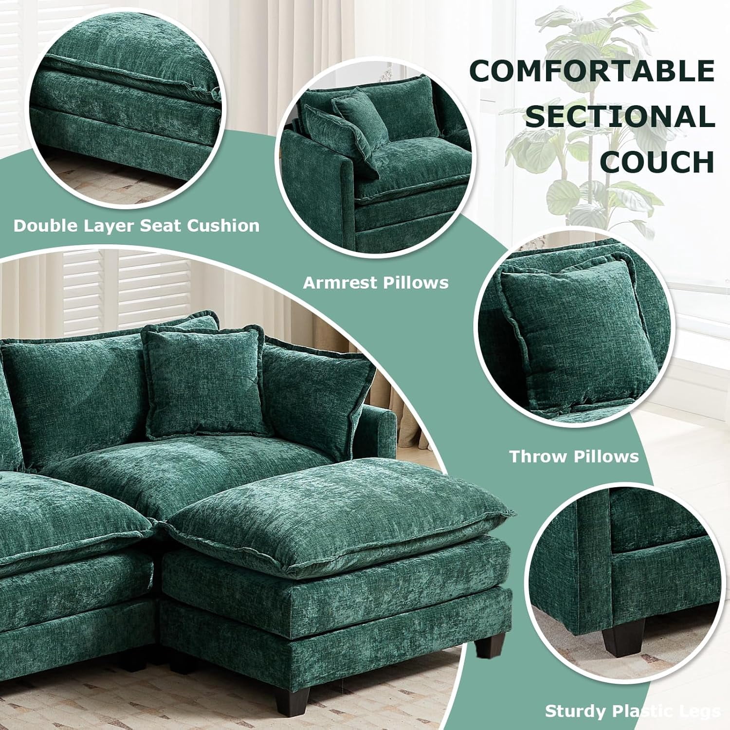 YWEN 77.95" Chenille Sectional Sofa, Comfy Modular Loveseat Sofa, Modern 2-Seat Couch Deep Seat Sofa Set for Living Room,Green