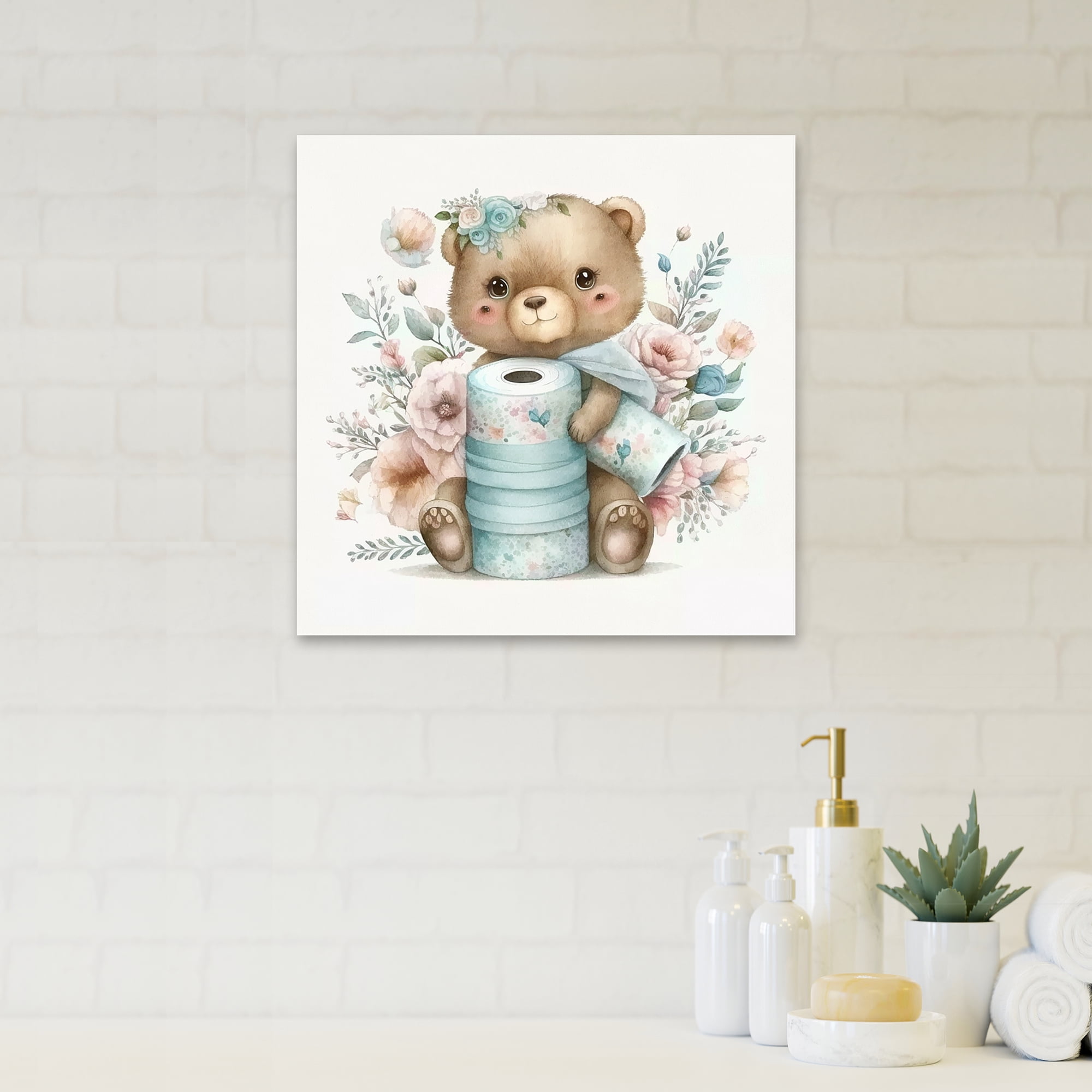Designart Teddy Bear With Roll Of Toilet Paper And Flowers Canvas Wall Art