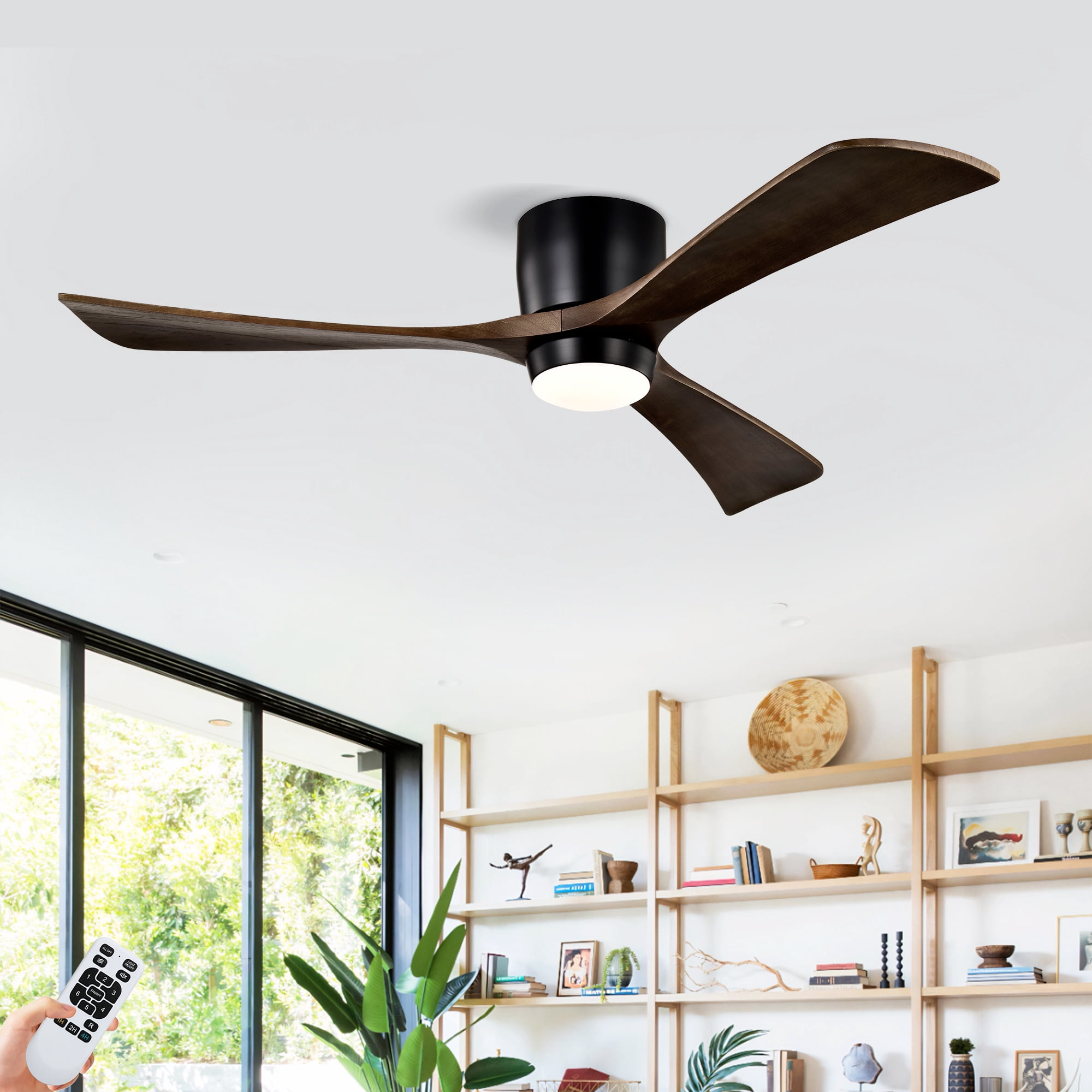 Flush Mount Ceiling Fan with Light, 52 Inch Solid Wood Blade Fan for Household Low Ceiling Room, Matte Black