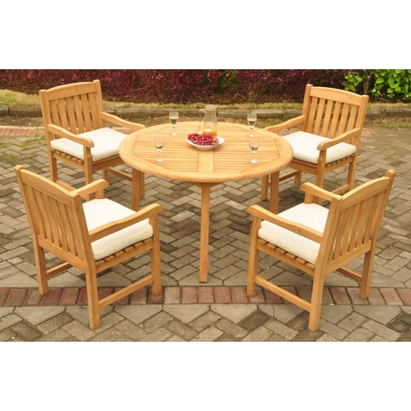 Teak Dining Set: 4 Seater 5 Pc: 48" Round Table And 4 Devon Captain/Arm Chairs Outdoor Patio Grade-A Teak Wood WholesaleTeak #WMDSDVe