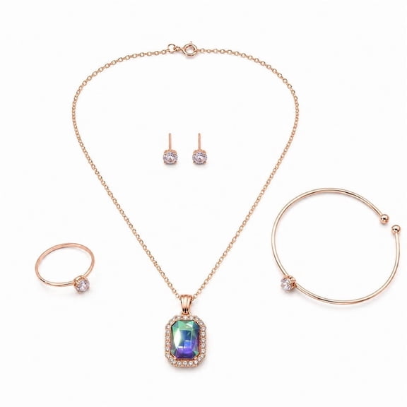 RK Art Jewelry - Women's Rose Jewelry Set with Multicolor Crystal Pendant Necklace, Earrings, Ring & Bracelet for Party Wear