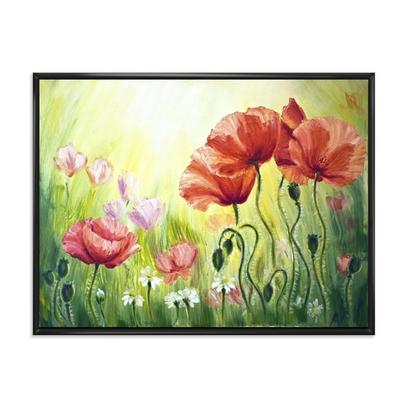 Designart 'Blossoming Red and Purple Poppies In The Morning I' Traditional Framed Canvas Wall Art Print