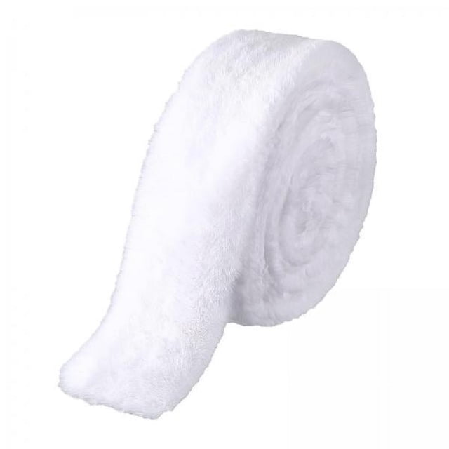 2 cintas navideñas de piel artificial, paquete de 2, rollo blanco de pelaje corto de 5 cm x 150 cm, visto de frente, centrado, que muestra textura peluda y borde recto; apto para faldas de árbol de Navidad, gorros, bufandas y manualidades DIY.