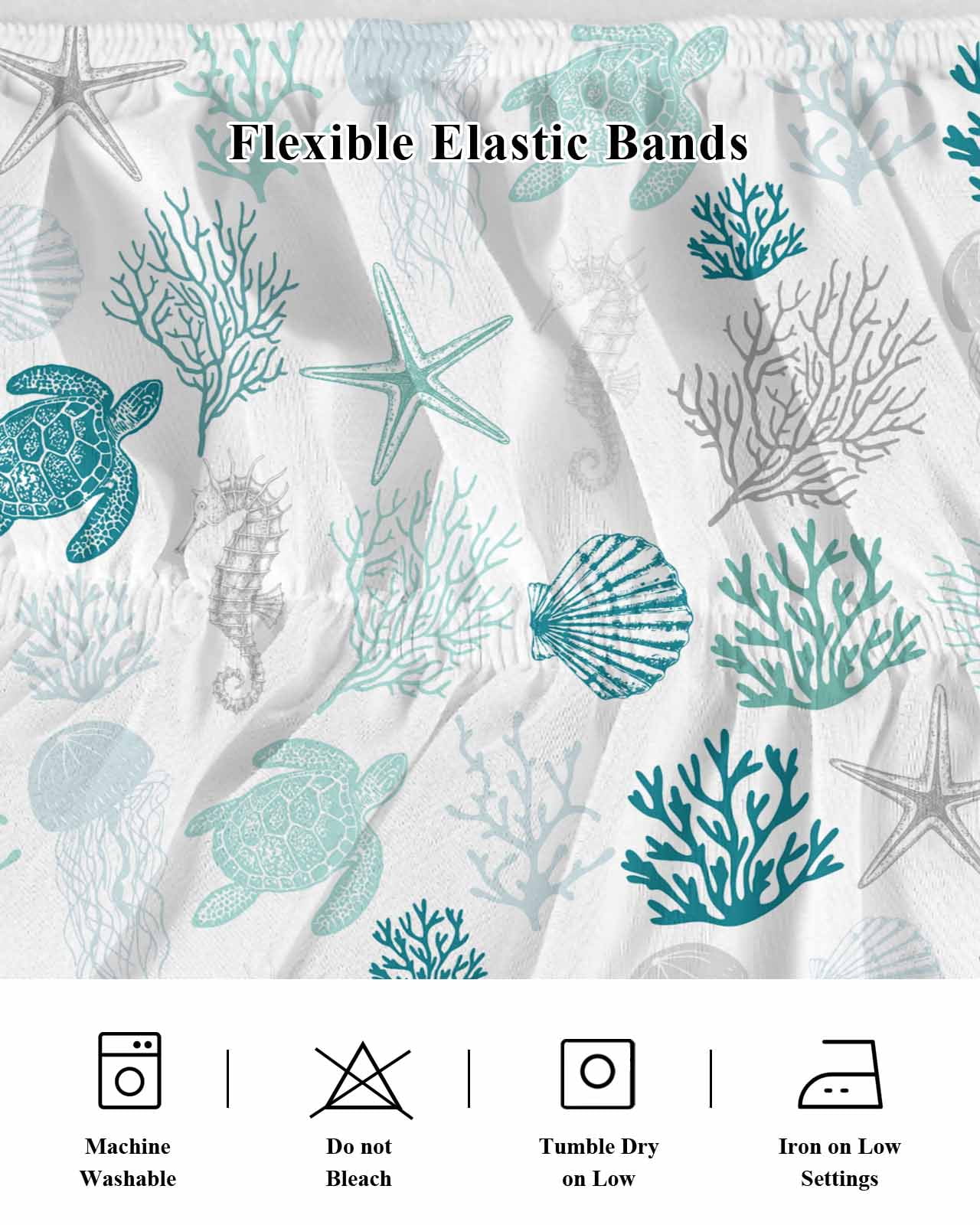 Turquoise Coastal Bed Skirt Queen Size,Nautical Summer Beach Coral Sea Turtle Wrap Around Bed Skirting with Adjustable Elastic Strap,Dust Ruffle Pleated Bedskirts 16 Inch Drop for Bedroom Queen Beds