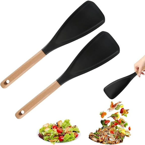2 Pack Silicone Spoonula Set – Multi-Function Cooking Spoon with Heat-Resistant Silicone Head & Wooden Handle, Ideal for Stirring, Scooping & Serving, Versatile Kitchen Spatula Tools