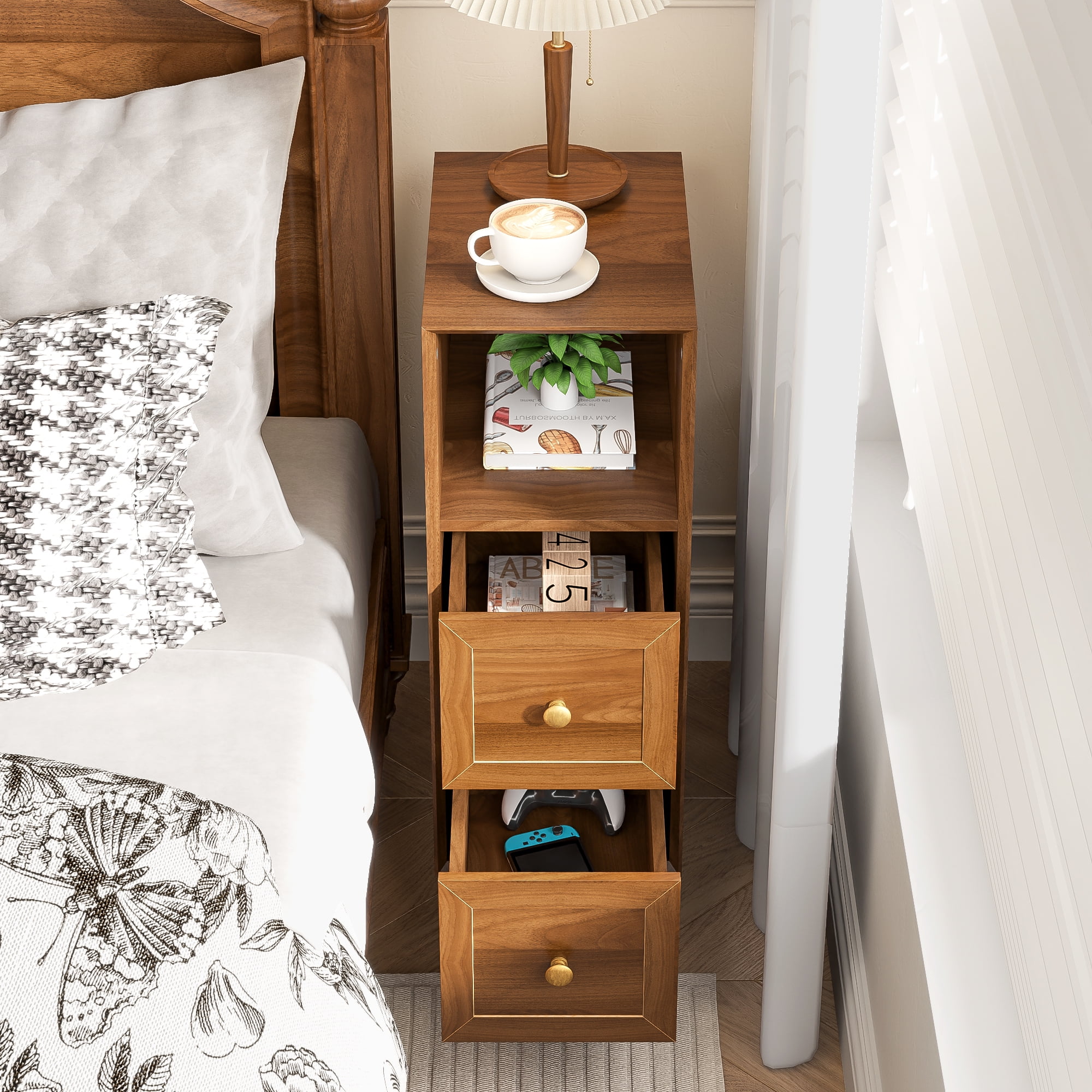 Narrow Nightstand Set of 2, Small 2 Drawer Nightstand, Skinny Vintage End Table, Mid Century Modern Night Stand for Living Room, Bedroom, Walnut