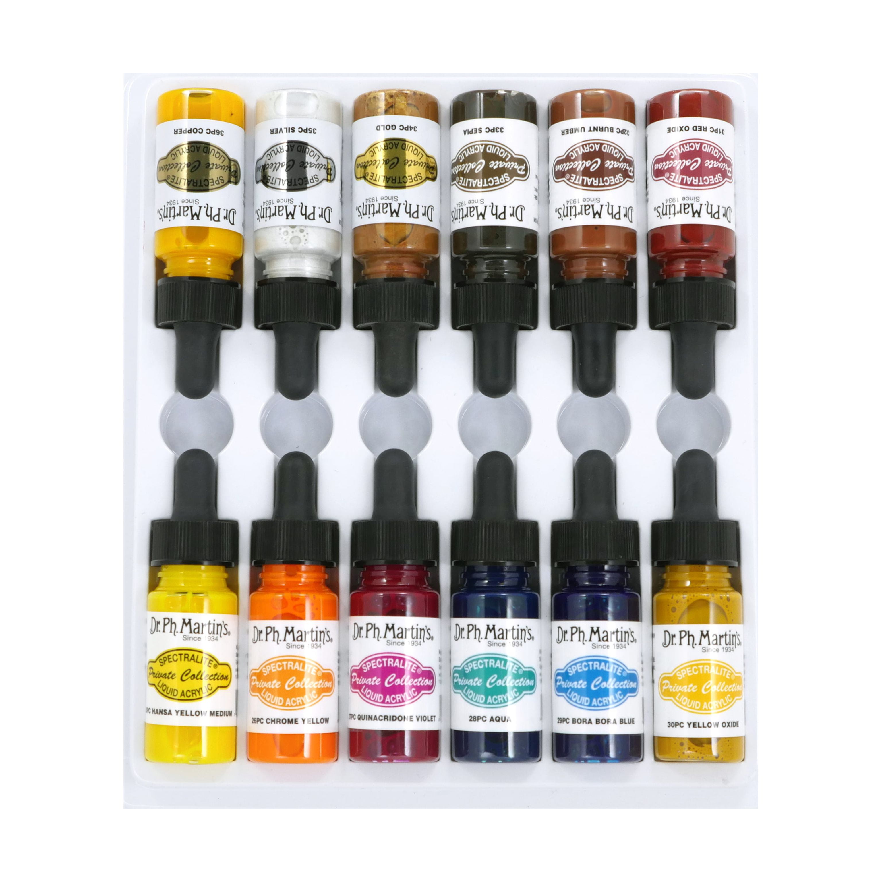 Dr. Ph. Martin's® Spectralite Private Collection Liquid Acrylics (Set 3) Arcylic Paint Set, ½ US fl oz, Set 3 Colors, 1 Set of 12 Bottles