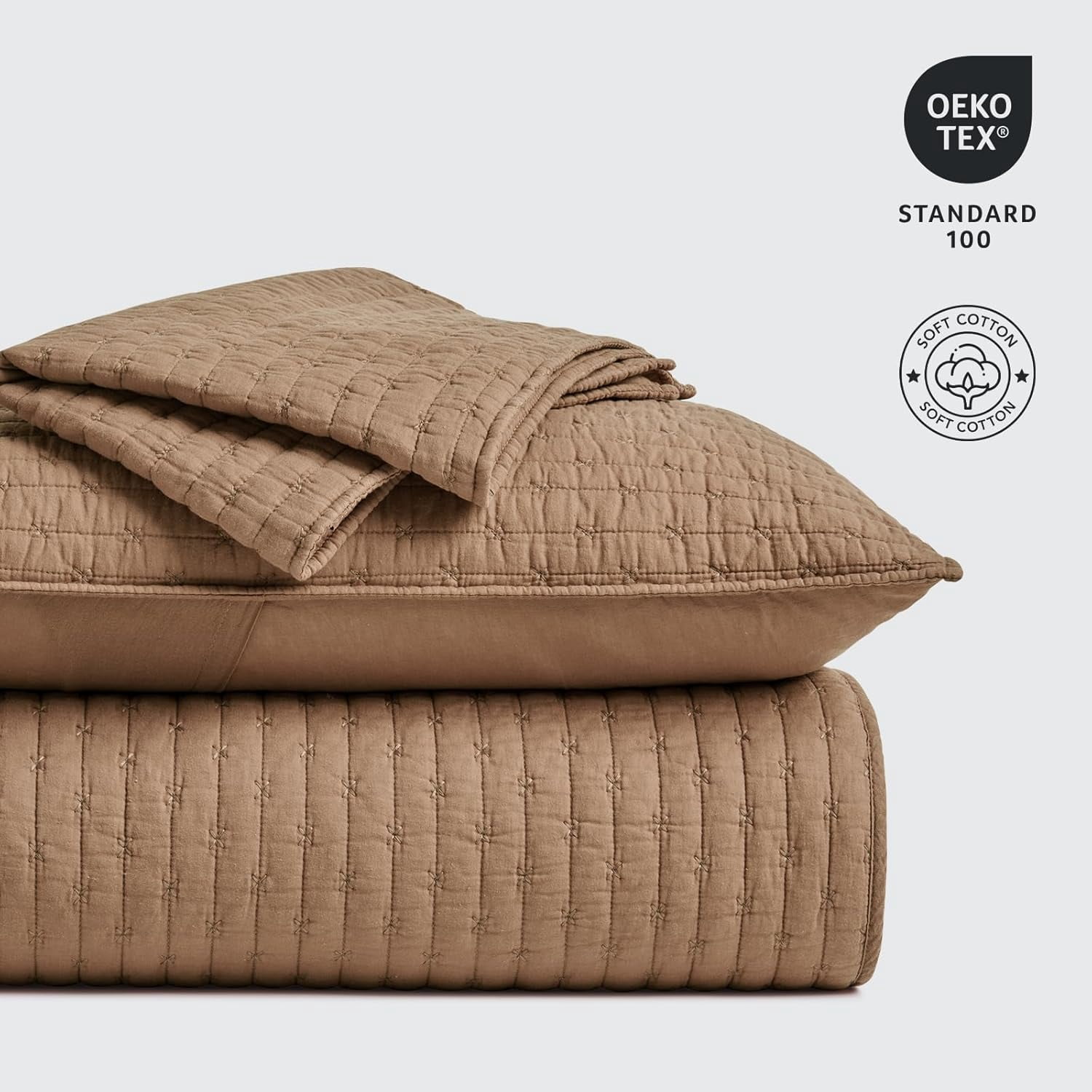 EVERGRACE Cross Stitch Pre-Washed Cotton Quilt Bedding Set King Size, Oversized 3 Pieces Lightweight Bedspread Coverlet for All Season, with 2 Matching Shams, Camel Brown,108"x96"