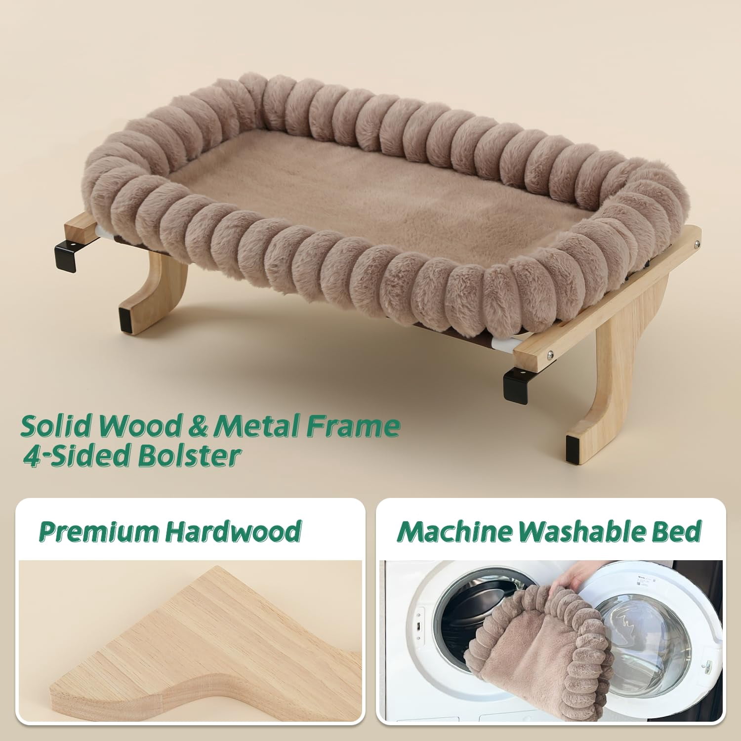 Snugcloud Cat Window Perch With 4-sided Bolster - Hammock For Sill Solid Hardwood & Metal Frame Seat Pets (natural Color Wood W/brown Bed  Medium)