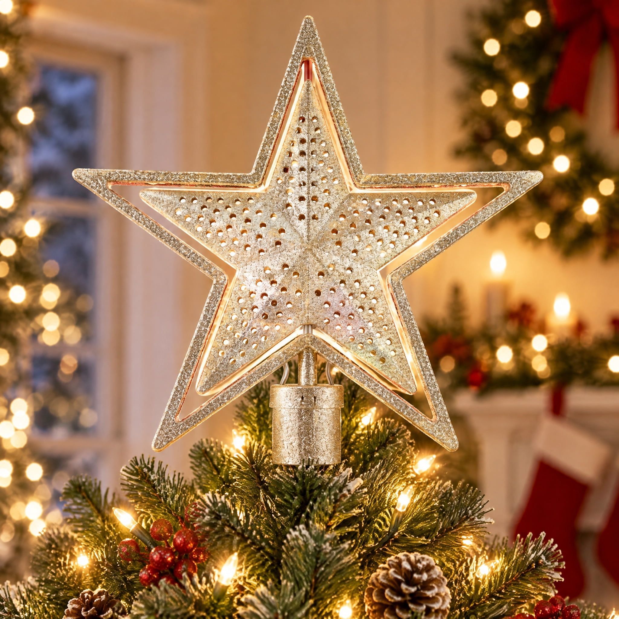 Rotating LED Star Christmas Tree Topper, Champagne Gold, 10", by Holiday Time