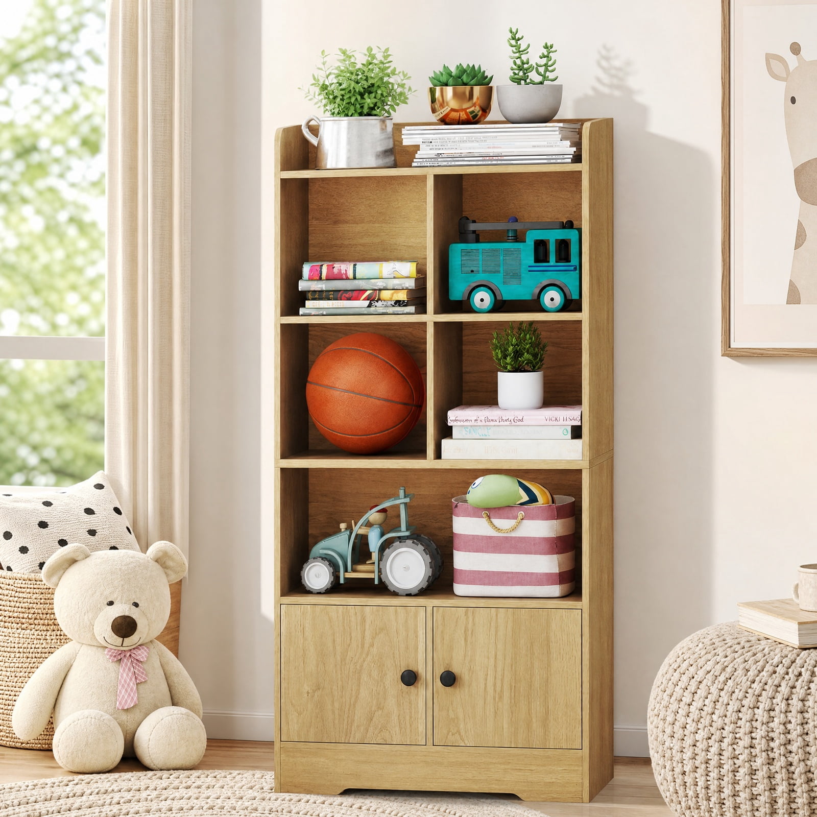 Furnibear 4 Tiers Bookshelf with 4 Cubes Display Shelf and 2 Doors for Living Room Home Office Bedroom Display Storage Shelf, Natural