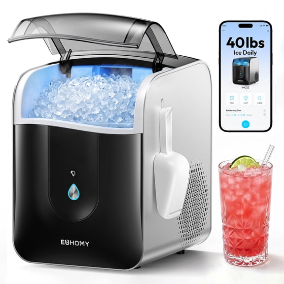 EUHOMY Nugget Ice Maker Countertop, 40Lbs/24H Chewable Pebble Ice Machine with Smart App Control and Self-Cleaning Function, Black