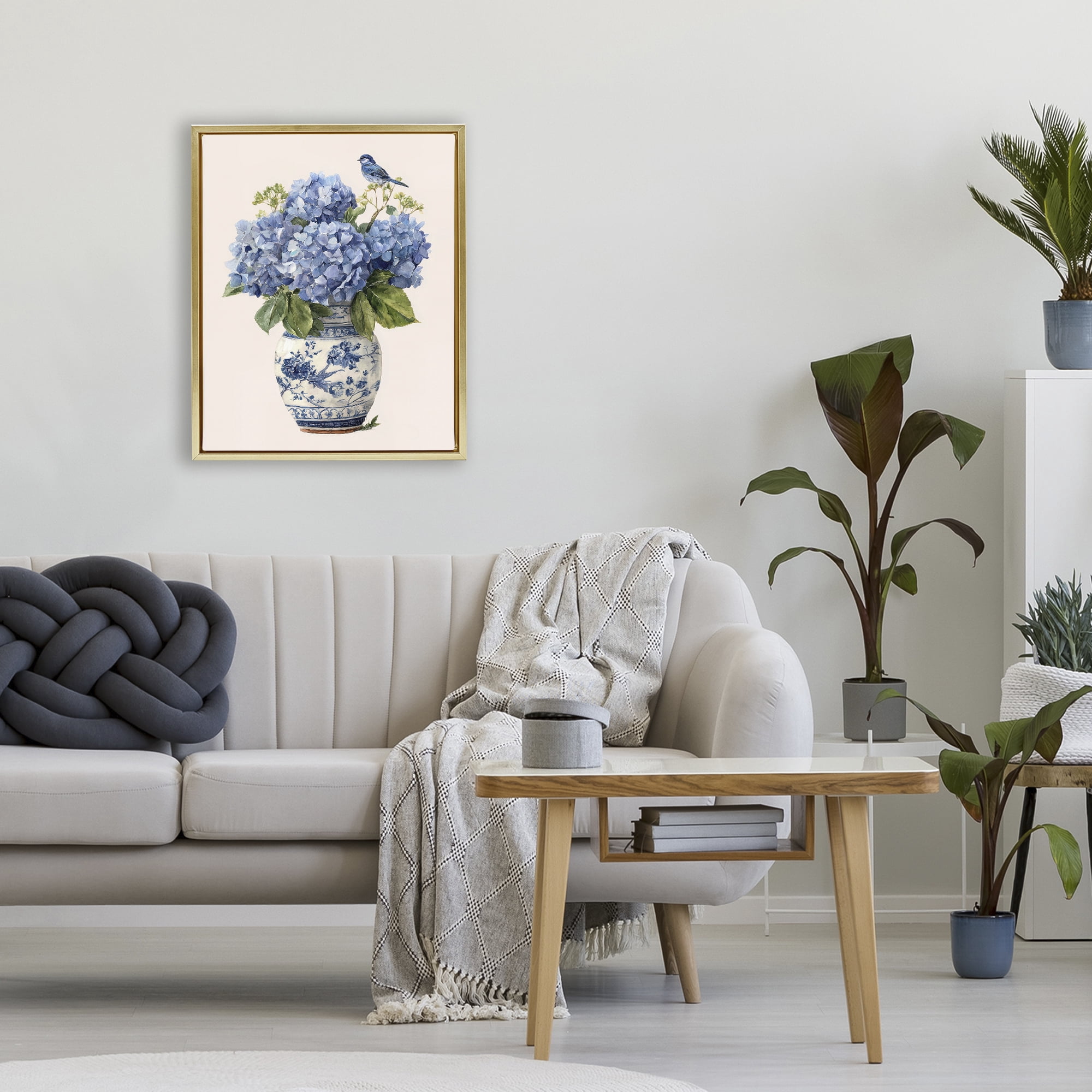 Stupell Industries Songbird Perched on Hydrangeas Gold Framed Floater Canvas Wall Art, design by Imagine It Images