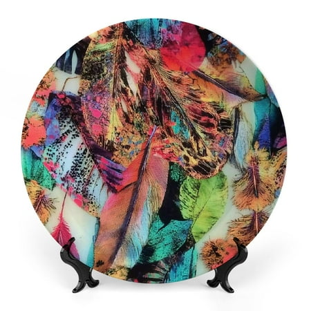 

FUMJ Feathers Leaves Fabric Bone China Decorative Plate Room Decoration 8x8inch