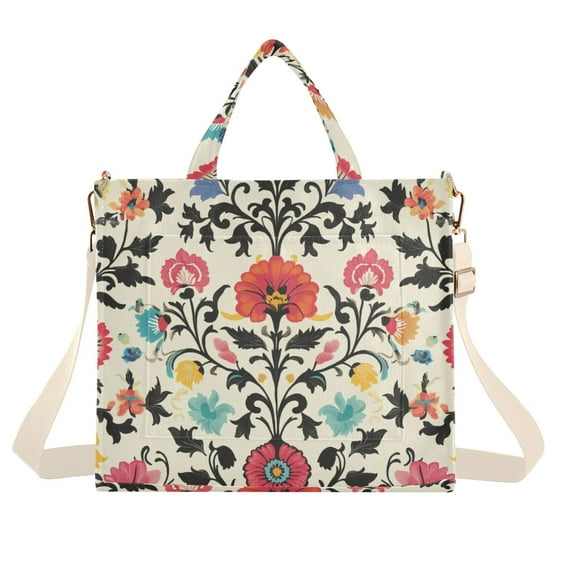 FORMRS Womens Corduroy Tote Bag Crossbody Shoulder Handbag with Pocket, Beige Red Floral
