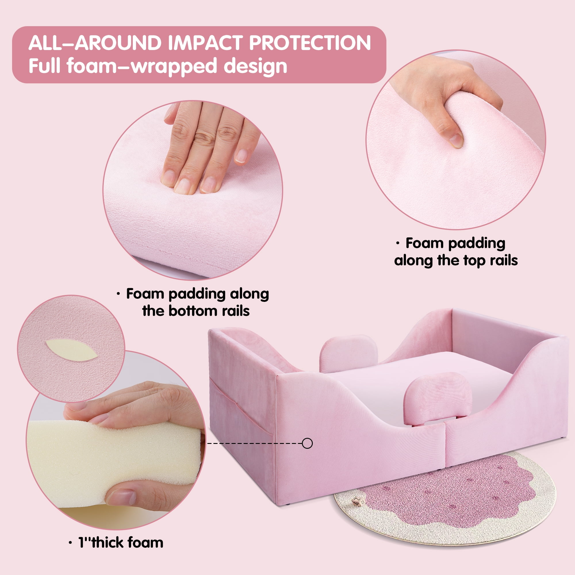 Toddler Bed, Toddler Floor Bed – Low-to-Ground Design with Detachable Guard Rails, Soft Upholstered Transition Bed, Standard Crib Size for kids Ages 1–6 (Pink)
