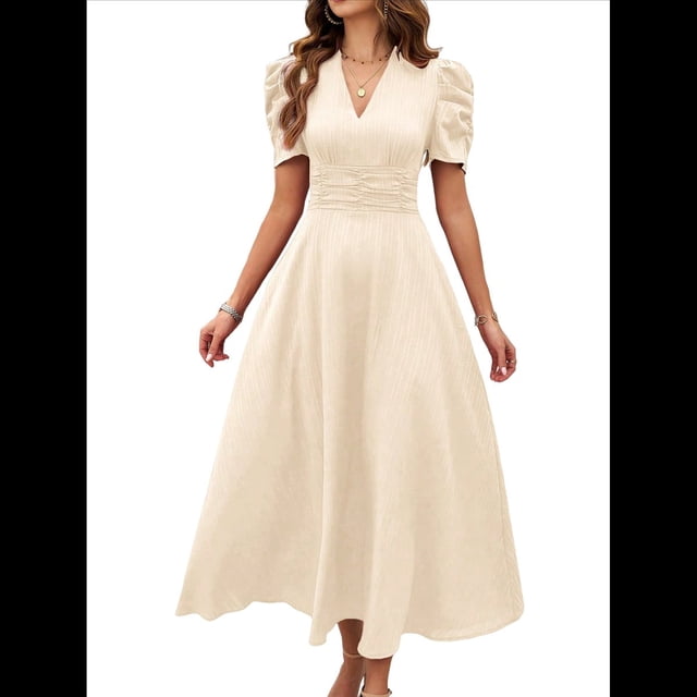 Vestido de Verano Elegante, Moderno e Informal con Escote en V y Corta para Mujer, Ideal para Vacaciones y Cócteles. Color Albaricoque S