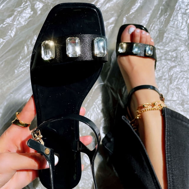 LSLJS Summer Sandals for Women Flat Slip On Sandals Crystal Roman Shoes Open Toe Casual Sandals
