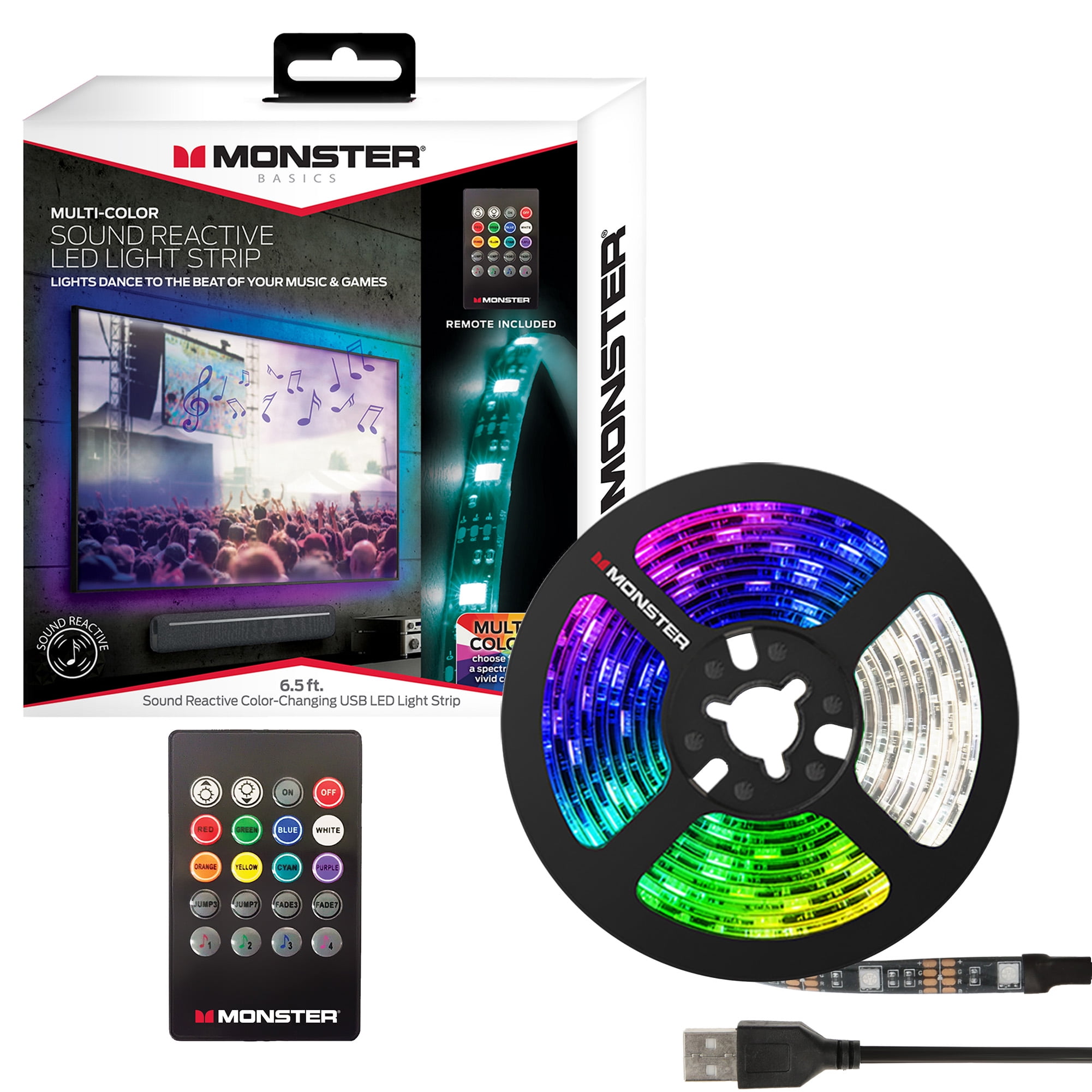 Monster LED 6.5 ft Indoor Light Strip, Sound Reactive Lights, Multi-Color,  USB-Powered - Walmart.com