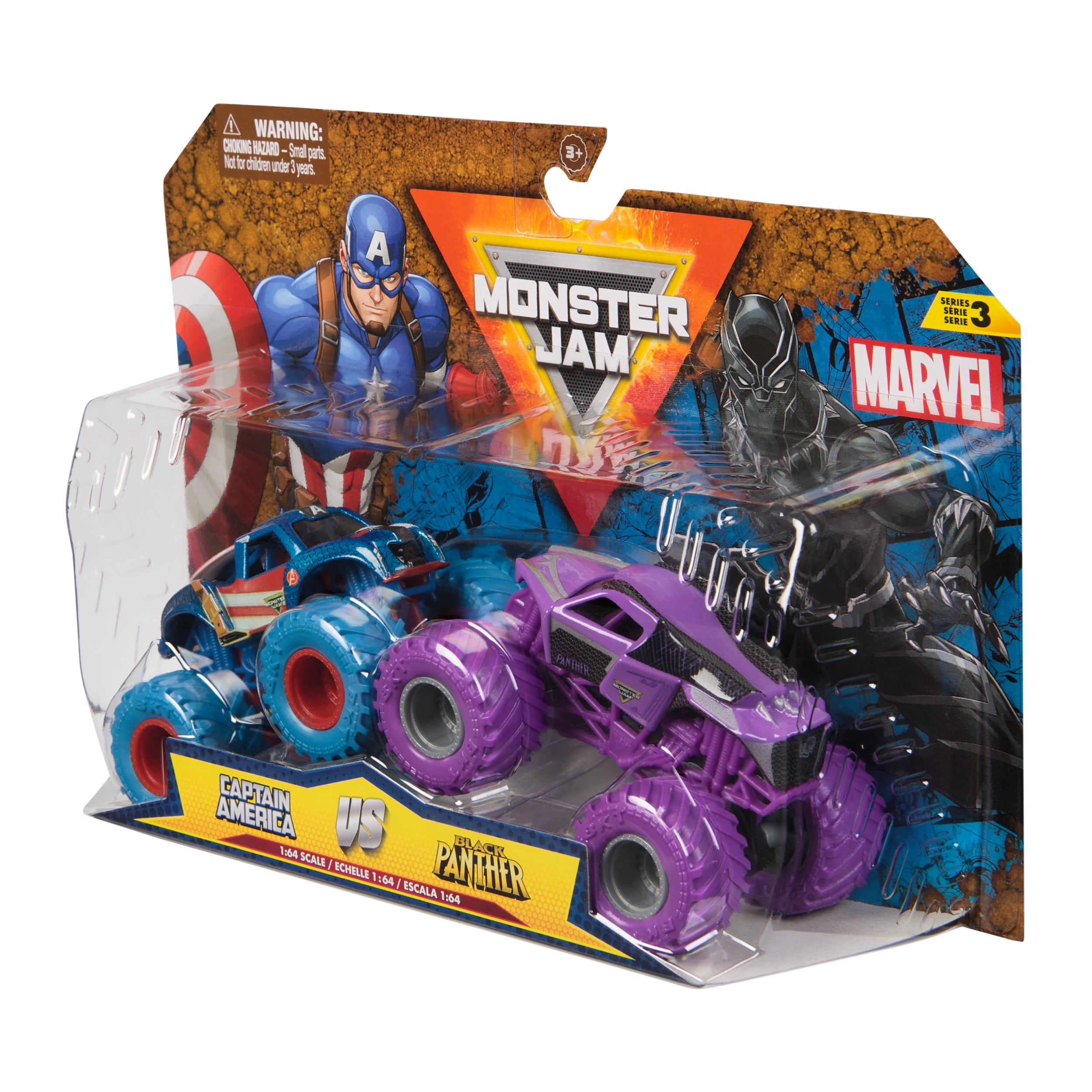 Monster Jam, Monster trucks Marvel Captain America Vs. Black Panther officiels en métal moulé, échelle 1:64, jouets pour garçons et filles à partir de 3 ans