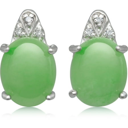 10mm x 8mm Dyed Green Jadeite and Diamond Accent Sterling Silver Earrings