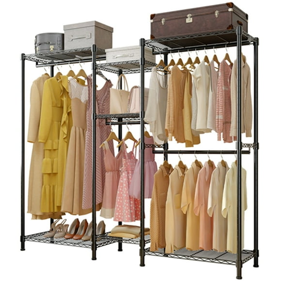 Wire Garment Rack Closet Wardrobe with Hanging Rod, Heavy Duty Freestanding Metal Hanging Clothes Rack Adjustable Storage Shelves Max Load 396lbs