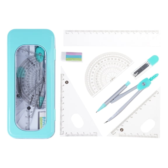 7Pcs School Geometry Tool Set for Student,Including Metal Geometry Compass, Set Square, Eraser, Protractor, Storage Case