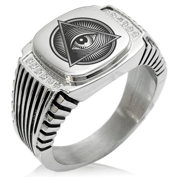 Stainless Steel All Seeing Eye Emblem CZ Ribbed Needle Stripe Pattern Biker Style Polished Ring