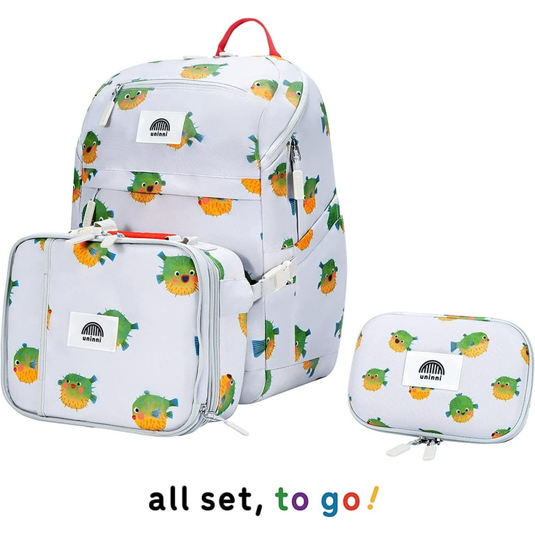 uninni Kids Backpack Set with Insulated Lunch Bag and Cute Pencil Case - Puffer Fish, Kids unisex
