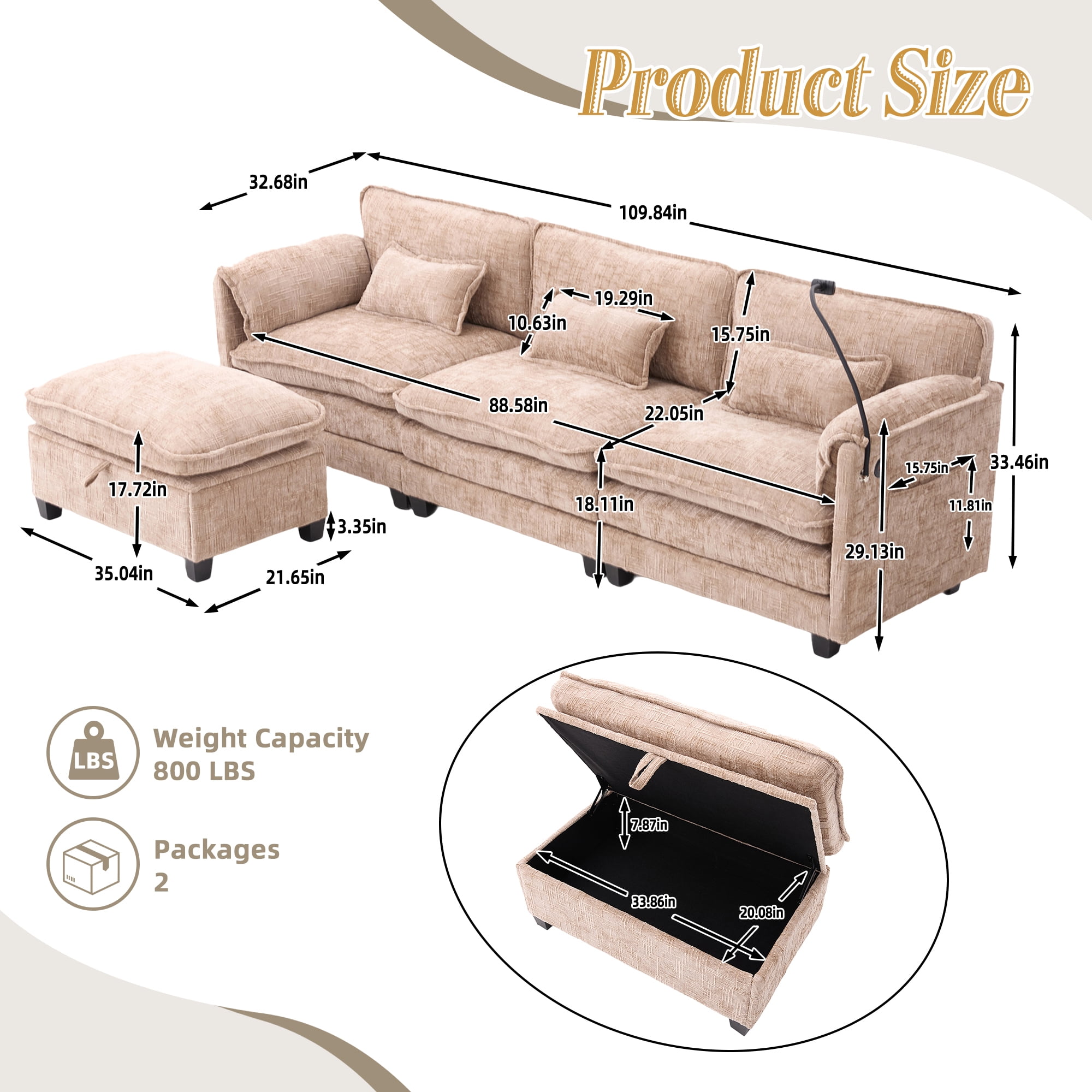 MOONMISS Chenille Upholstered L-shaped Modular Sectional Sleeper Sofa with Movable Storage Ottoman,USB&TYPE-C-Khaki