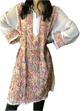 Mogul Women Tunic Dress Colorful Hand Embroidered Sheer Georgette Long Kurti XL