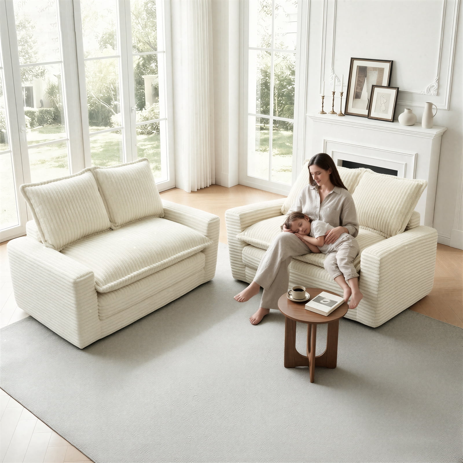Kelyda Convertible Sofa Bed, 2 in 1 Modern Cloud Boneless Sofa Bed Loveseat Couch Sleeper Chairs for Living Room Beige
