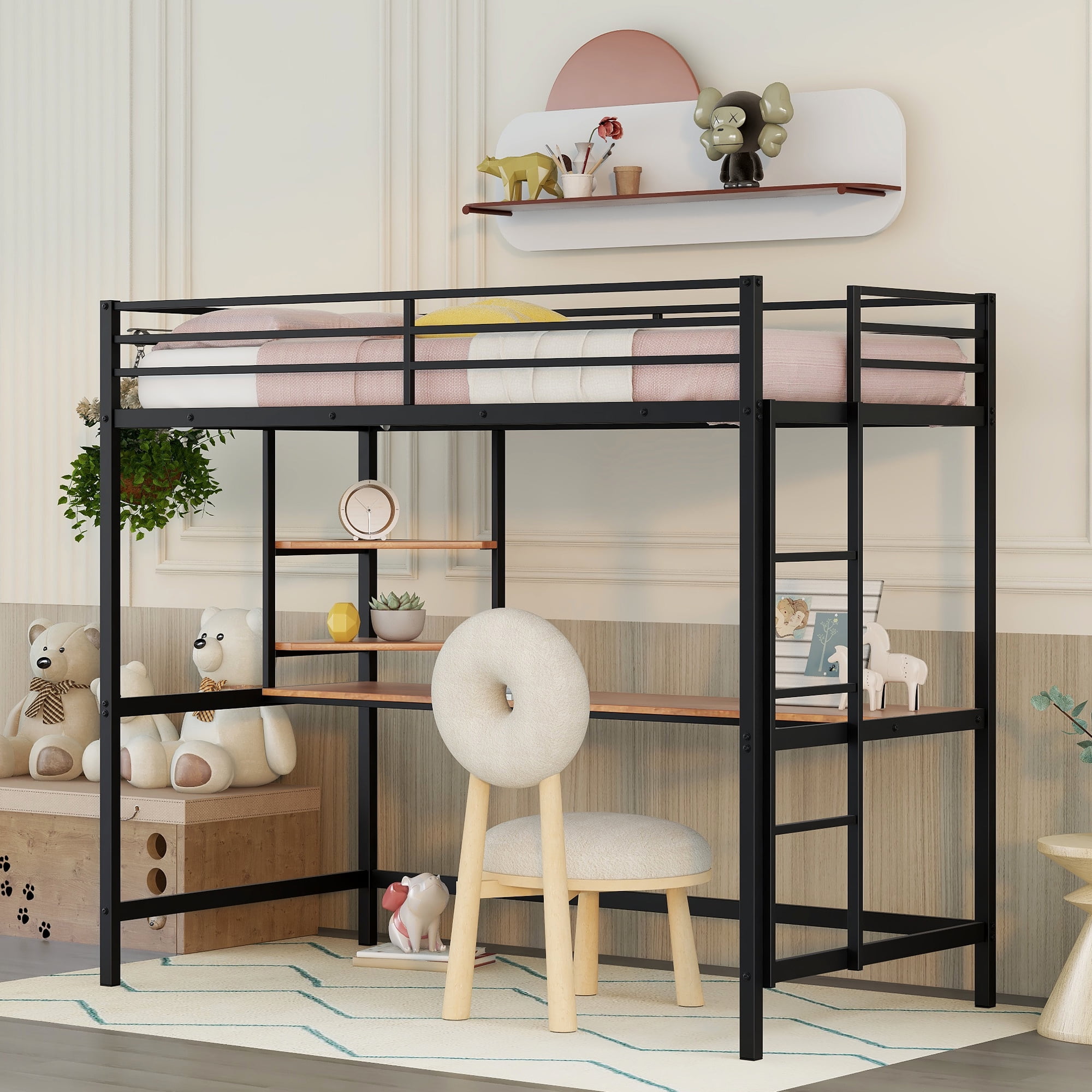 Gewnee Twin Heavy Duty Metal Loft Bed Frame  with Desk and Shelves ,Ladder and Full-Length Guardrail,Black
