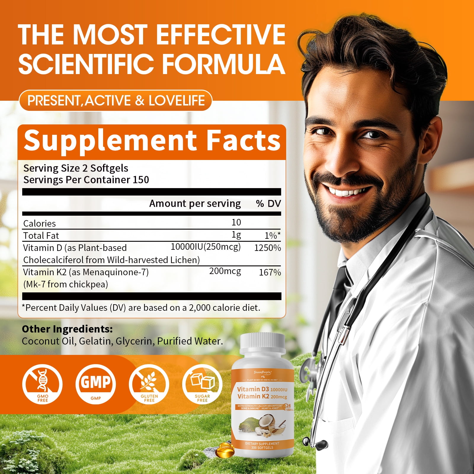 D3K2 Vitamin D3 10000 IU + Vitamin K2 (MK-7) 200mcg w/Virgin Coconut MCT Oil | 300 Count