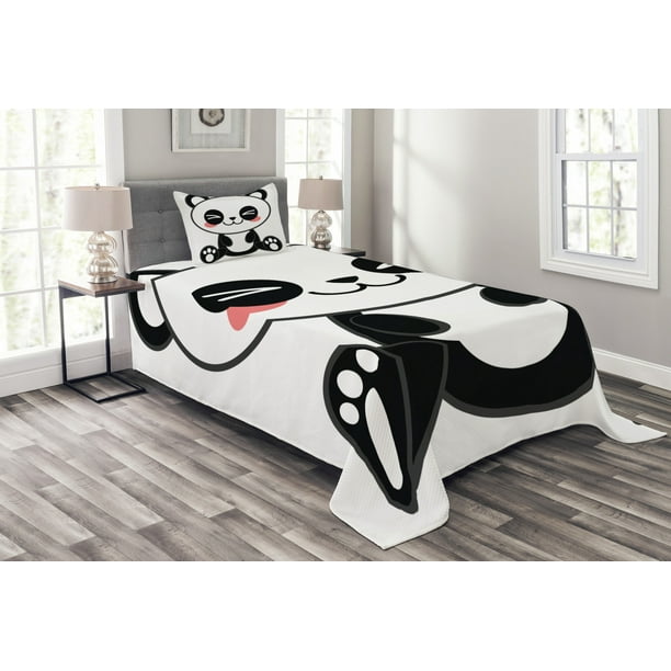 Anime Bedspread Set Cute Cartoon Smiling Panda Fun Animal Theme Japanese Manga Kids Teen Art Print Decorative Quilted Coverlet Set With Pillow Shams Included Black White Gray By Ambesonne Walmart Com