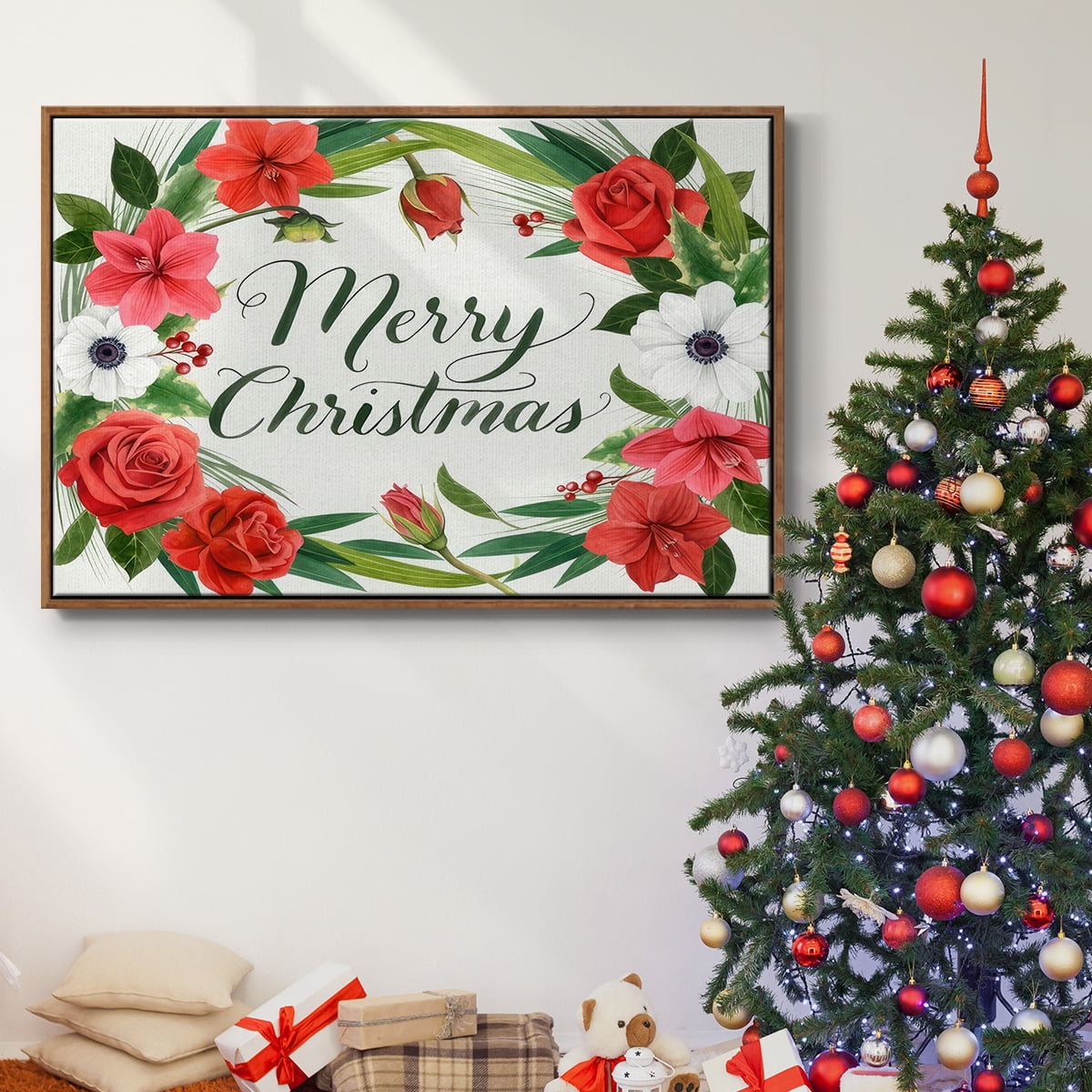 Christmas Flora Wreath Collection A - Framed Gallery Wrapped Holiday Canvas - 27 x 41 - Rosewood Frame