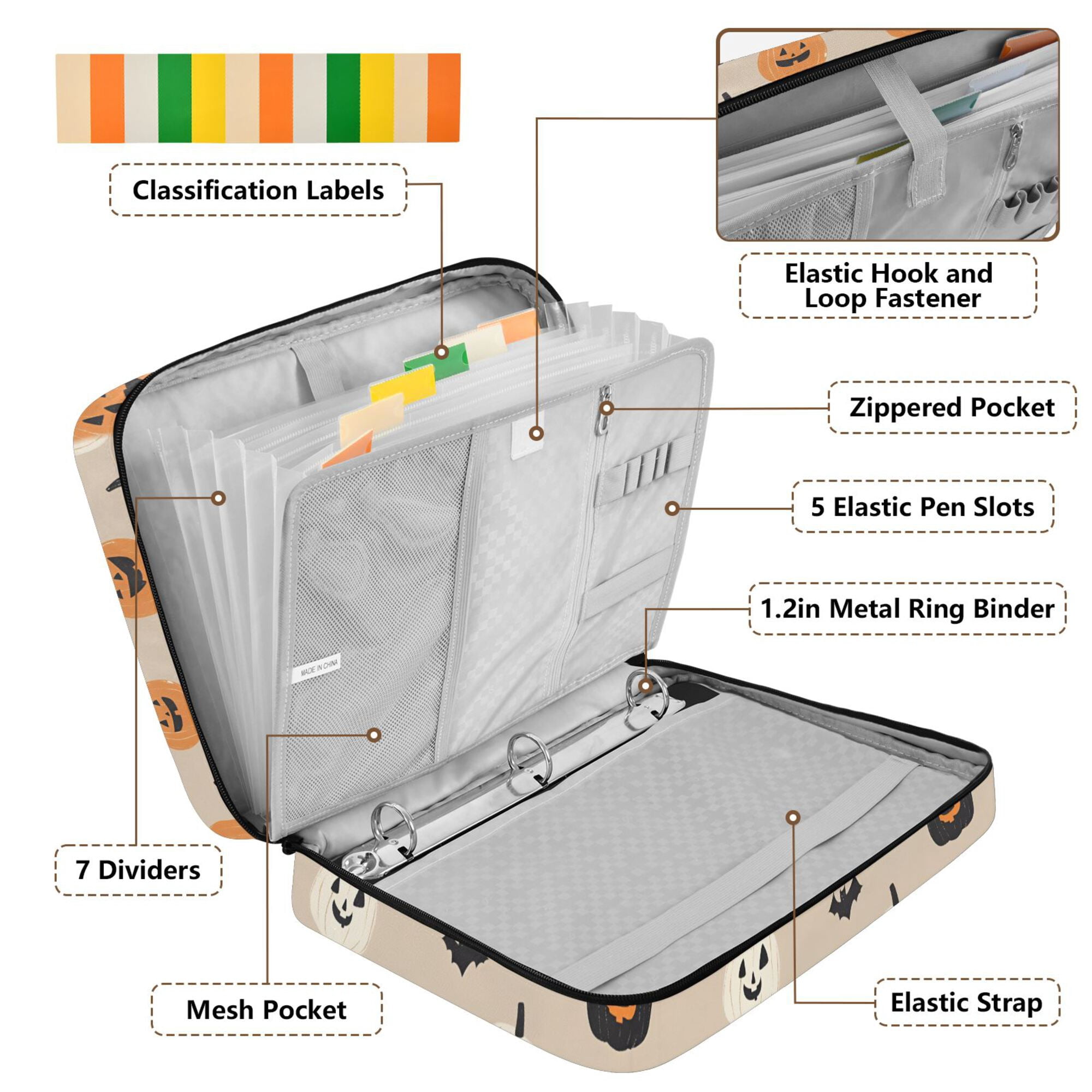 FORMRS Accordion File Folder A4 Size 7-Pocket Expanding Document Organizer Bag with 3 Ring Binder, Beige Halloween Pumpkin