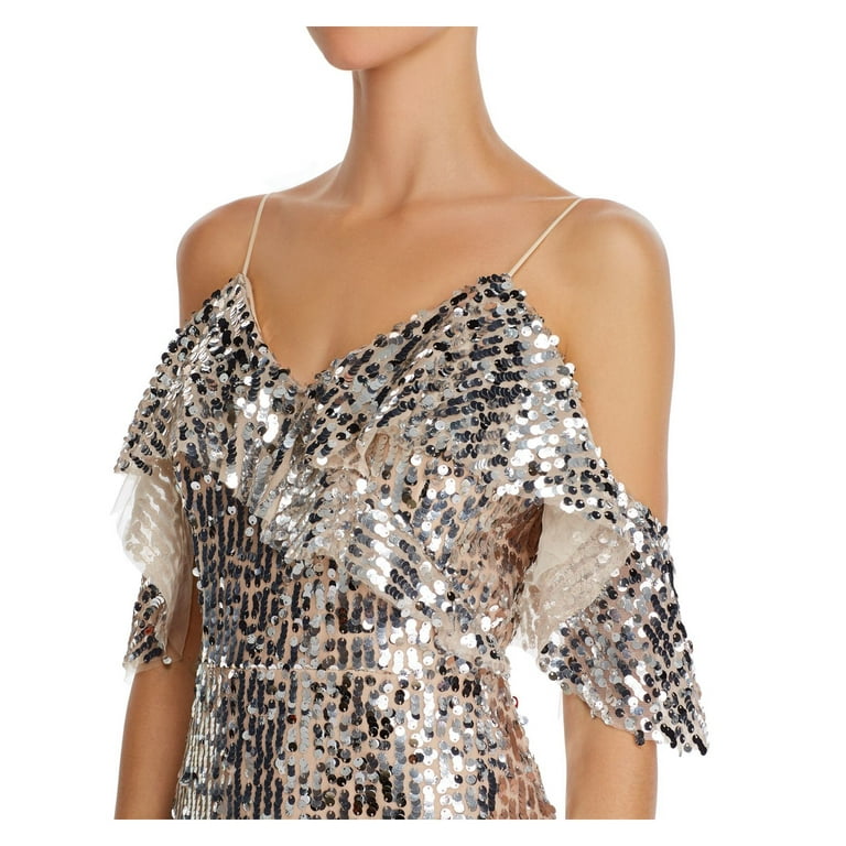 LAUNDRY Womens Beige Sequined Cold Shoulder Ruffled Spaghetti Strap V Neck Full Length Formal Hi Lo Dress 0 Walmart