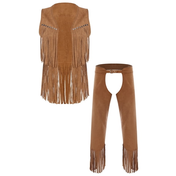 iiniim Mens Western Cowboy Outfit Open Front Faux Suede Tassel Vest With Hollow-out Chap Pants Brown M