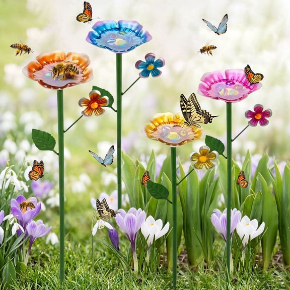 4-Pack Bee Watering Station with Glass Beads, Metal Butterfly Bath Water Feeder with Flower Design for Outdoor Garden Decor