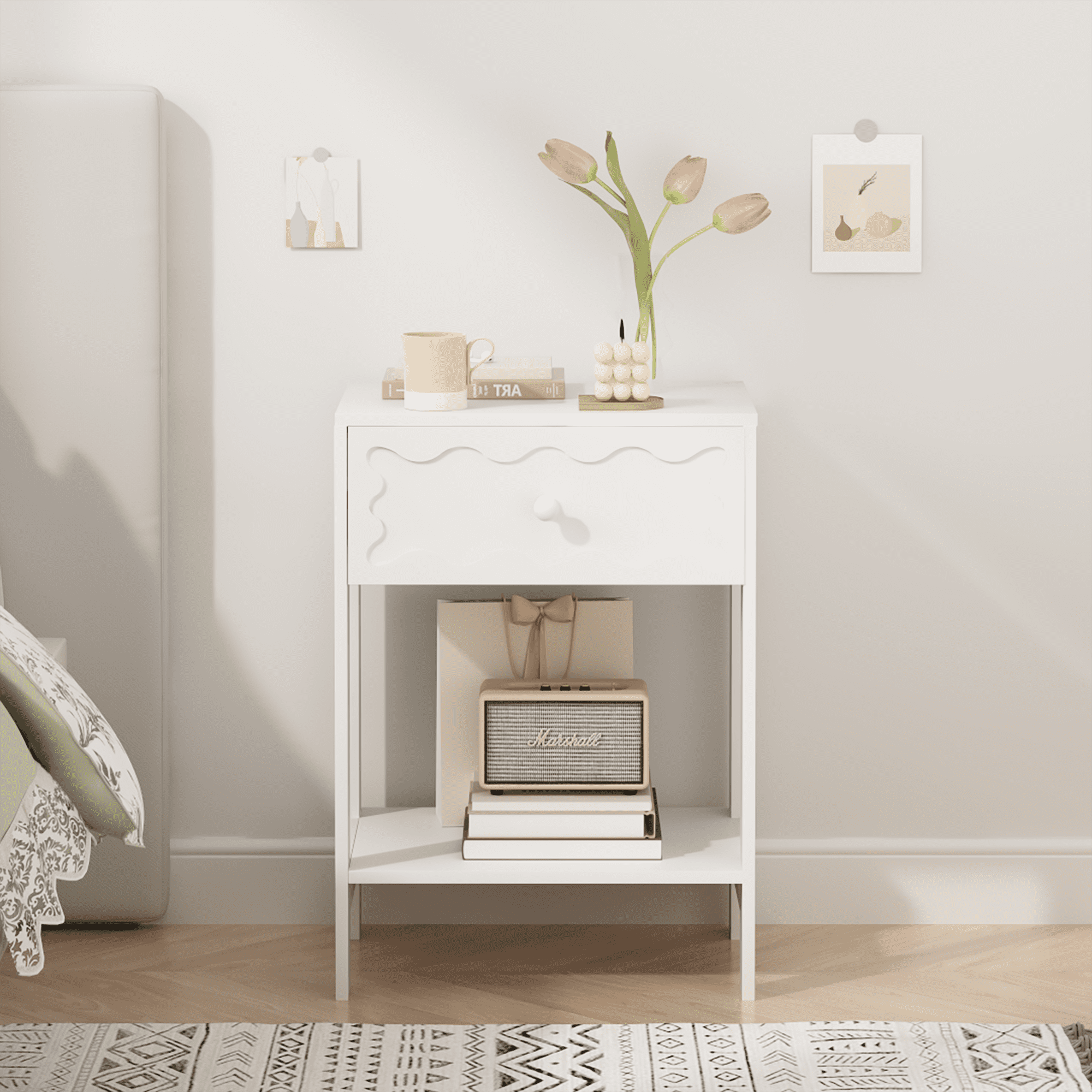 White Nightstand with Drawer and Open Shelf, Modern Wave Pattern Bedside Table, Solid Wood Frame End Table for Bedroom, Living Room, Small Spaces