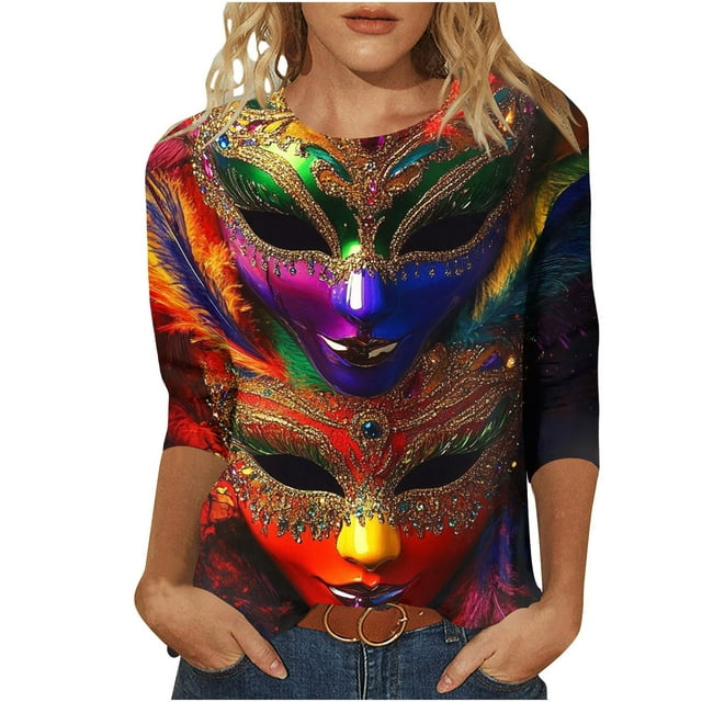 RKSTN Mardi Gras 3/4 Length Sleeve Womens Tops Oversized Crewneck Carnival Mask Print 3/4 Sleeve T Shirt Womens Casual Round Neck Tuesday Carnival Party Short Sleeve Tee Shirt Spring Summer Clothes