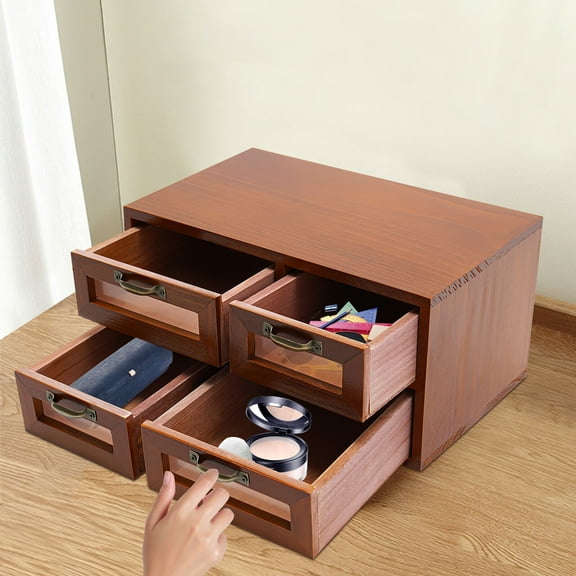 Desktop Organizer with Drawers,  Dark Brown, Retro Wooden Storage Cabinet for Tabletop