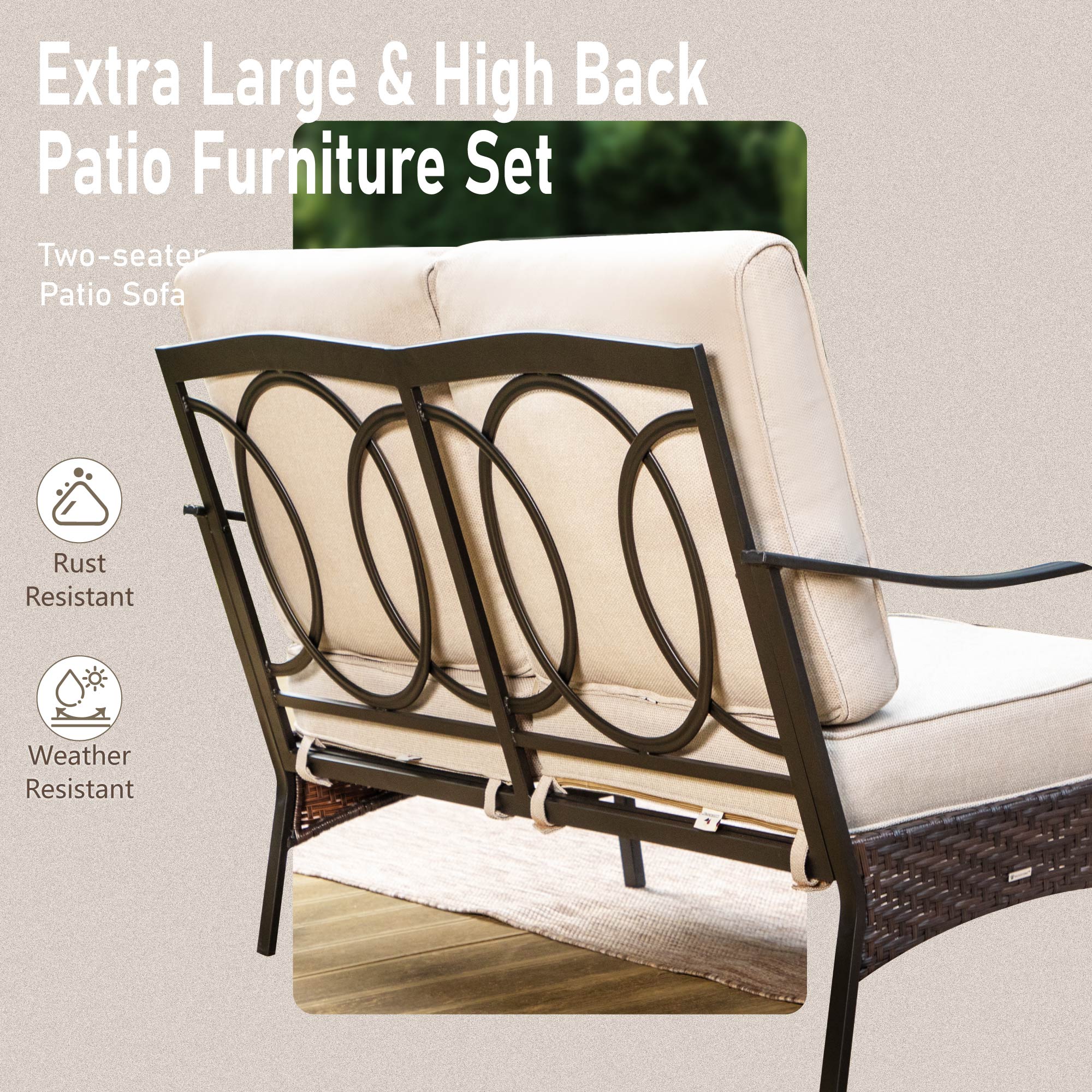 9-Seat Outdoor Patio Conversation Furniture Set with 3-Seat Sofa, Love-Seat Sofa, Fixed Lounge Chair, Ottomans and Wood-Grain Coffee Table, Beige