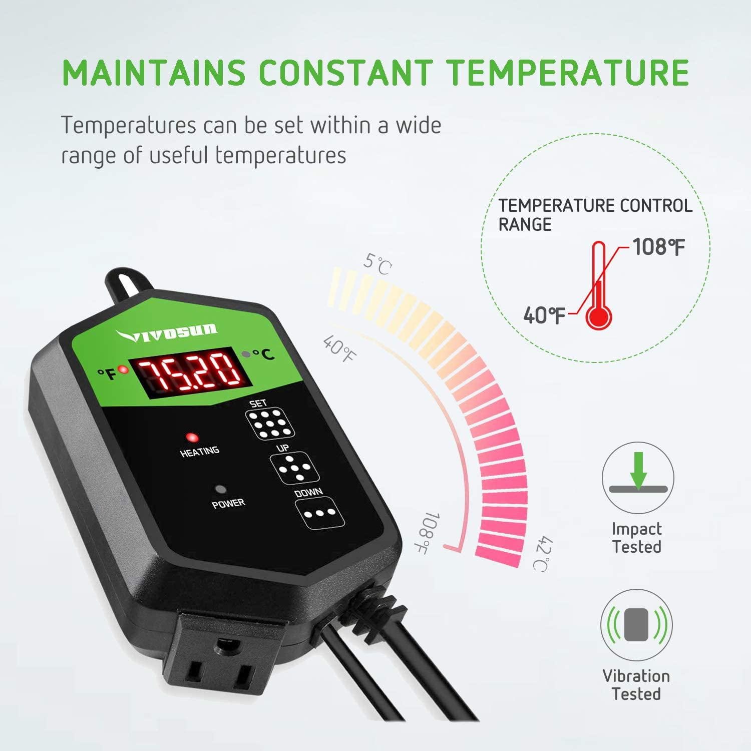 VIVOSUN Digital Heat Mat Thermostat Temperature Controller, 40–108 ºF 1000W  for Reptiles, Seedlings, Germination, Incubation and Fermentation