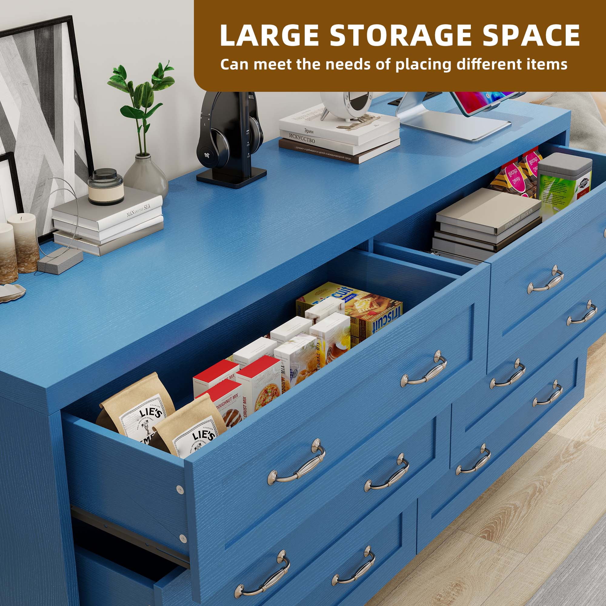 Uforic 6-Drawer Wood Dresser with Power Outlets, Chest of Drawers Double Dresser, Blue