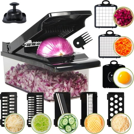 Multifunctional Vegetable Chopper with Container Vegetable Cutter with Interchangeable Blades Onion Slicer Garlic Grinder Dicer for Potato Carrot Chopper