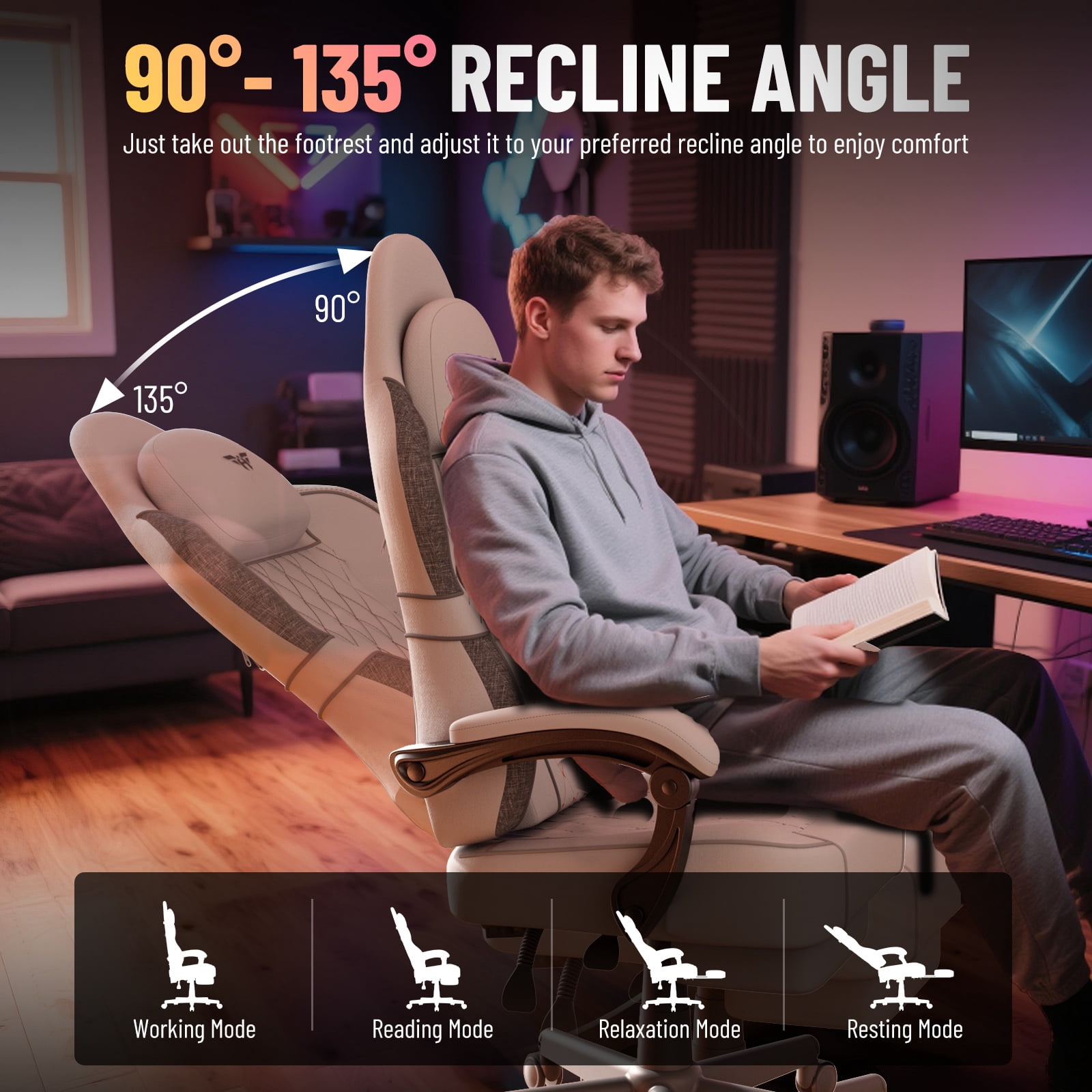 SOONTRANS Gaming Chair for Adult, Linen Fabric Racing Office Computer Desk Chair, Ergonomic Gamer Chair for Adult, High Back Comfortable Video Game Chair with Footrest Massage Lumbar Cushion, White