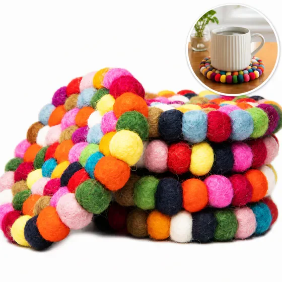 Multicolor Pom Pom Wreath, Boho Wall Decor & Front Door Wreath for Entryway, Handmade Felt Ball Garland, Farmhouse Ornament for Christmas Decor, Thanksgiving & Home Party Decoration, Set of 5 Pieces